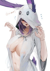 Rule 34 | 1girl, absurdres, animal ears, breasts, center opening, cleavage, commentary, ears through hood, english commentary, fake scar, glasses, halloween, hands up, highres, hood, hood up, huge breasts, krirk, large breasts, looking at viewer, navel, open mouth, original, rabbit ears, rabbit tail, red eyes, rope, simple background, solo, tail, tongue, tongue out, white background, white rope, wide sleeves