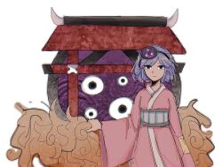 Rule 34 | 1other, :|, androgynous, black eyes, black hairband, closed mouth, commentary, english commentary, hairband, japanese clothes, kimono, len&#039;en, long sleeves, looking at viewer, mitsumo, obi, other focus, pink kimono, purple hair, sanpaku, sash, short hair, simple background, terumi (len&#039;en), white background, wings-of-magritte