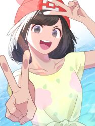 Rule 34 | 1girl, :d, arm up, beanie, black hair, collarbone, commentary request, creatures (company), day, double v, game freak, grey eyes, happy, hat, highres, kana (kanna runa0620), looking at viewer, medium hair, nintendo, open mouth, outdoors, pokemon, pokemon sm, selene (pokemon), shirt, short sleeves, smile, solo, t-shirt, teeth, tied shirt, tongue, upper body, upper teeth only, v, yellow shirt