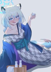 Rule 34 | 1girl, absurdres, animal ears, bath yukata, blue archive, blue halo, blush, cup, green hair, hair between eyes, halo, highres, holding, holding cup, japanese clothes, kimono, official alternate costume, olecafe2, open mouth, purple eyes, shigure (blue archive), shigure (hot spring) (blue archive), short hair, smile, solo, tail, tokkuri, weasel ears, weasel tail, wide sleeves, yukata