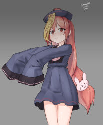 Rule 34 | 1girl, :3, absurdres, adapted costume, ahoge, black dress, rabbit hair ornament, cowboy shot, dress, grey background, hair ornament, hat, highres, jiangshi, kantai collection, long hair, looking at viewer, maru (marg0613), ofuda, outstretched arms, pink hair, qingdai guanmao, red eyes, simple background, solo, uzuki (kancolle), zombie pose