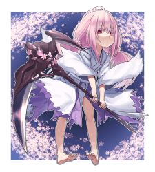 Rule 34 | 1girl, absurdres, cherry blossoms, duel monster, ghost reaper &amp; winter cherries, highres, japanese clothes, long hair, long sleeves, looking at viewer, low twintails, pink hair, red eyes, scythe, solo, twintails, wide sleeves, xin lan deng, yu-gi-oh!