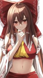 Rule 34 | 1girl, 7saki, ascot, bare shoulders, bow, breasts, brown eyes, collar, detached sleeves, hair bow, hair tubes, hakurei reimu, hand on own chin, highres, large breasts, long hair, midriff, navel, nontraditional miko, red bow, red shirt, ribbon-trimmed sleeves, ribbon trim, shirt, sidelocks, simple background, sketch, sleeveless, smile, solo, stomach, touhou, upper body, white background, white collar, yellow ascot