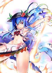 Rule 34 | 1girl, ass, blue hair, bow, dissolving clothes, food, fruit, groin, hat, hinanawi tenshi, kiku hitomoji, long hair, looking at viewer, midriff, navel, outstretched arm, peach, red eyes, solo, sword of hisou, touhou, very long hair