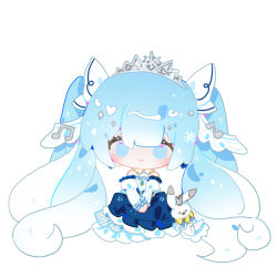 Rule 34 | 1girl, animal, beamed eighth notes, blue dress, blue eyes, blue hair, brooch, chibi, chinese commentary, commentary, crown, detached collar, detached sleeves, dress, eighth note, fortissimo, full body, hair ornament, hands on lap, hatsune miku, indai (3330425), jewelry, layered dress, light blue hair, long sleeves, looking at viewer, musical note, musical note hair ornament, neck ruff, own hands together, princess, puffy detached sleeves, puffy long sleeves, puffy sleeves, rabbit, rabbit yukine, simple background, sleeveless, sleeveless dress, smile, snowflake print, strapless, strapless dress, tiara, twintails, vocaloid, white background, white hair, white sleeves, yuki miku