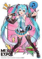 Rule 34 | 1girl, aqua eyes, aqua hair, aqua necktie, armpits, bare shoulders, beamed eighth notes, black skirt, black theme, blue nails, commentary, copyright name, copyright notice, detached sleeves, eighth note, english commentary, gremlinbon, hair ornament, hatsune miku, hatsune miku expo, highres, holding, holding microphone, long hair, looking at viewer, microphone, microphone cord, musical note, necktie, official art, open mouth, pointing, shirt, skirt, sleeveless, smile, solo, speech bubble, spoken musical note, thighhighs, twintails, very long hair, vocaloid, white background, white shirt