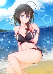 Rule 34 | 1girl, absurdres, adapted costume, ahoge, artist name, baileys (tranquillity650), beach, bikini, black bikini, blue eyes, blush, braid, breasts, brown hair, cleavage, closed mouth, collarbone, day, feet out of frame, hair flaps, highres, kantai collection, long hair, medium breasts, navel, ocean, shigure (kancolle), shigure kai ni (kancolle), signature, single braid, smile, solo, sun, sunlight, swimsuit, twitter username, water