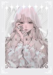 Rule 34 | 1girl, absurdres, artist name, black eyes, black nails, blonde hair, border, claw ring, collarbone, cover, cover page, cross, cross earrings, detached sleeves, doujin cover, dress, earrings, feathers, grey border, highres, jewelry, light smile, long hair, looking at viewer, mano aaa, multiple rings, nail polish, necklace, original, red lips, ring, solo, straight-on, white dress, white feathers