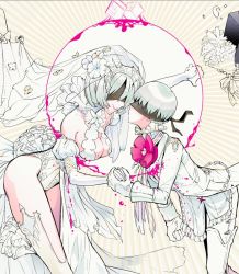 Rule 34 | 1boy, 1girl, black blindfold, blindfold, blood, bouquet, breasts, bridal veil, bride, center opening, cleavage, commentary request, covered eyes, dress, elbow gloves, flower, gloves, groom, hair flower, hair ornament, highleg, nier (series), nier:automata, pod (nier:automata), silver hair, smile, tellmin, veil, wedding, wedding dress, 2b (nier:automata), 9s (nier:automata)