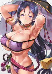 Rule 34 | 1girl, armlet, armpits, arms up, bikini, breasts, cleavage, cleavage cutout, clothing cutout, eyepatch bikini, fate/grand order, fate (series), himuro shunsuke, huge breasts, long hair, looking at viewer, minamoto no raikou (fate), minamoto no raikou (swimsuit lancer) (first ascension) (fate), navel, parted lips, purple eyes, purple hair, sideboob, simple background, smile, solo, swimsuit, thighs, underboob, very long hair, white background