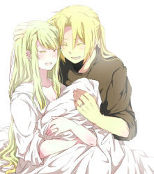 Rule 34 | 00s, 1boy, 1girl, baby, bad id, bad pixiv id, blanket, blonde hair, closed eyes, couple, edward elric, fullmetal alchemist, hand on another&#039;s head, happy, hetero, holding, jewelry, long hair, mitsu yomogi, open mouth, pat, ponytail, ring, simple background, sleeves rolled up, smile, tears, wedding ring, winry rockbell