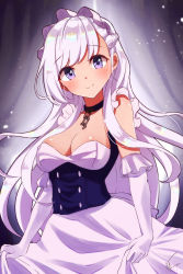 Rule 34 | 1girl, absurdres, azur lane, belfast (azur lane), blush, braid, breasts, broken, broken chain, chain, choker, cleavage, collarbone, commentary request, corset, dress, elbow gloves, french braid, frilled gloves, frills, gloves, highres, kodama (koda mat), large breasts, long hair, looking at viewer, maid, maid headdress, purple eyes, sidelocks, signature, silver hair, smile, solo, white dress, white gloves