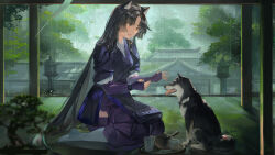 Rule 34 | 1girl, animal ears, architecture, arknights, black hair, blue sky, blurry, blurry foreground, building, cat ears, dog, east asian architecture, elbow gloves, ergouzi echo, fingerless gloves, fog, gloves, highres, indoors, long hair, long sleeves, open mouth, pants, parted bangs, purple gloves, purple pants, purple shirt, rain, saga (arknights), shirt, sidelocks, sitting, sky, smile, socks, solo, tree, white socks, yellow eyes