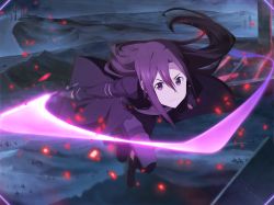 Rule 34 | 1boy, androgynous, armor, beam saber, black gloves, breastplate, closed mouth, fingerless gloves, floating hair, frown, game cg, gloves, hair between eyes, holding, holding sword, holding weapon, kirito, kirito (sao-ggo), long hair, motion blur, pants, purple eyes, purple hair, purple pants, solo, sword, sword art online, sword art online: alicization, sword art online: alicization rising steel, sword art online: unleashed blading, trap, very long hair, waist cape, weapon