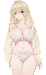 Rule 34 | 1girl, absurdres, alternate costume, blonde hair, blue eyes, blush, bra, breasts, cleavage, commentary, cowboy shot, crown (nikke), english commentary, gluteal fold, gnlibur, goddess of victory: nikke, hair intakes, highres, large breasts, long hair, looking at viewer, navel, o-ring, o-ring top, panties, parted lips, simple background, smile, solo, standing, thigh gap, underwear, underwear only, white background, white bra, white panties