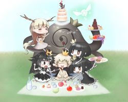 Rule 34 | 1boy, 4girls, :d, :t, = =, antlers, apple, apple rabbit, bandages, black dress, black hair, blind prince, blonde hair, blush, brown eyes, cake, cape, character request, cheek bulge, chibi, clenched hand, closed mouth, company connection, creator connection, crossover, crown, cup, cupcake, day, doily, doughnut, dress, eating, eighth note, food, food art, food on face, fork, fruit, grapes, grass, highres, holding, holding fork, horns, hotaru (htol#niq), htol#niq: hotaru no nikki, leaning forward, liar princess, long hair, mini crown, mion (htol#niq), mouth hold, multiple girls, musical note, nippon ichi, open mouth, outdoors, outstretched arm, pale skin, pear, picnic, plate, rose (rose to tasogare no kojou), rose to tasogare no kojou, sharp teeth, shizuraku, short hair, sitting, smile, standing, standing on one leg, strawberry, teeth, titan (rose to tasogare no kojou), tray, usotsuki hime to moumoku ouji, very long hair, white dress