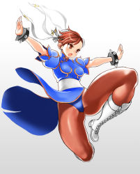 Rule 34 | 1girl, :o, boots, bracelet, brown eyes, brown hair, brown pantyhose, bun cover, capcom, chinese clothes, chun-li, cross-laced footwear, double bun, gradient background, grey background, hair bun, hair ribbon, highres, hiro1984, jewelry, knee boots, kneeing, lace-up boots, outstretched arms, pantyhose, pelvic curtain, ribbon, shoes, short hair, solo, spiked bracelet, spikes, spread arms, street fighter, studded bracelet, white footwear