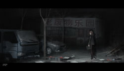 Rule 34 | 1girl, bad id, bad pixiv id, bare tree, black footwear, black jacket, brown hair, brown pantyhose, building, car, commentary, dark, english commentary, highres, holding, hood, hood down, hooded jacket, jacket, letterboxed, long sleeves, looking at viewer, looking to the side, motor vehicle, night, original, pantyhose, puddle, shoes, solo, tablet pc, translation request, tree, truck, walking, water, yurichtofen