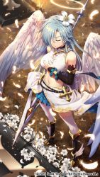 Rule 34 | 1girl, angel, angel wings, armlet, armored boots, bare shoulders, black footwear, blue hair, blue skirt, boots, bracelet, breasts, crop top, detached sleeves, closed eyes, feathered wings, feathers, flower, gabiran, hair flower, hair ornament, hair over one eye, halo, hand on own chest, holding, jewelry, large breasts, long hair, long sleeves, midriff, miniskirt, navel, official art, polearm, ragnania, shirt, skirt, sleeveless, sleeveless shirt, solo, spear, standing, thighhighs, very long hair, weapon, white shirt, white thighhighs, winged footwear, wings, zettai ryouiki