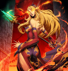 Rule 34 | 00s, 1girl, artist name, ass, ass focus, backless dress, backless outfit, bad anatomy, bare back, bare shoulders, blonde hair, blood elf (warcraft), breasts, chain, clothing aside, cowboy shot, dress, eyebrows hidden by hair, female focus, fire, floating rock, gate, genzoman, glowing, glowing eyes, headband, hearthstone, impossible clothes, large breasts, large ears, long fingers, long hair, looking at viewer, looking back, magic, narrow waist, official art, orange eyes, parted lips, pelvic curtain, pelvic curtain aside, pinky out, pointy ears, portal (object), red background, red dress, skin tight, skinny, slender, solo, staff, thick lips, thighs, warcraft, weapon, wide hips