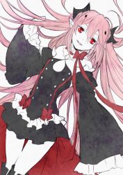 Rule 34 | 10s, 1girl, bare shoulders, black dress, boots, detached sleeves, dress, krul tepes, long hair, looking at viewer, open mouth, owari no seraph, pink hair, pointy ears, red eyes, smile, solo, two side up, vampire, very long hair, yoma