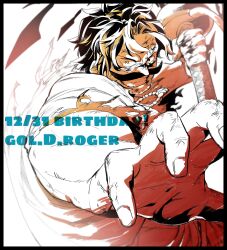 1boy absurdres birthday character_name commentary_request dated facial_hair gol_d._roger highres holding holding_sword holding_weapon jewelry limited_palette looking_at_viewer male_focus mustache necklace one_piece pearl_necklace shagara short_hair smile solo sword torn_clothes weapon