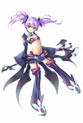 Rule 34 | 1girl, absurdres, aisha landar, aqn (masamune), boots, breasts, detached sleeves, elsword, flat chest, full body, highres, midriff, navel, purple eyes, purple footwear, purple hair, purple skirt, purple theme, purple thighhighs, shirt, short hair, skirt, small breasts, smile, solo, staff, strapless, taut clothes, taut shirt, thigh boots, thigh strap, thighhighs, tube top, twintails, void princess (elsword), white background