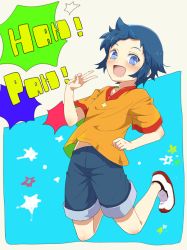 Rule 34 | 10s, 1boy, blue background, blue eyes, blue hair, blush, clothes lift, gundam, gundam build fighters, iori sei, looking at viewer, male focus, matching hair/eyes, open mouth, shirt lift, short hair, shorts, simple background, smile, solo, v