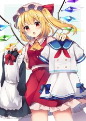 Rule 34 | 1girl, :o, ascot, crystal, flandre scarlet, grey background, hat, hat ribbon, holding, holding clothes, looking at viewer, maid, mob cap, one side up, open mouth, outside border, rainbow order, red eyes, red ribbon, red skirt, red vest, ribbon, ruhika, sailor, short sleeves, skirt, solo, standing, touhou, vest, white hat, wings, yellow ascot
