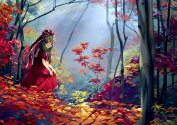 Rule 34 | 1girl, autumn, autumn leaves, bare arms, bow, chen bin, clothes lift, commentary request, dress, dress lift, forest, front ponytail, green eyes, green hair, hair bow, hair ribbon, highres, kagiyama hina, lifting own clothes, long hair, nature, outdoors, red bow, red dress, red ribbon, ribbon, scenery, solo, touhou, tree