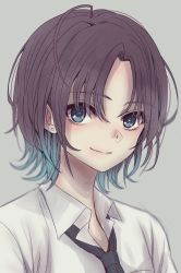 Rule 34 | 1girl, asakura toru, black necktie, blue eyes, blue hair, brown hair, closed mouth, collared shirt, colored inner hair, grey background, highres, hoshi san 3, idolmaster, idolmaster shiny colors, looking at viewer, multicolored hair, necktie, shirt, short hair, simple background, smile, solo, upper body, white shirt, wing collar