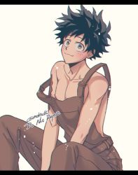 Rule 34 | 1boy, arms between legs, bare arms, bare shoulders, black hair, boku no hero academia, brown overalls, closed mouth, collarbone, commentary request, feet out of frame, freckles, green eyes, green hair, knees up, letterboxed, looking at viewer, male focus, midoriya izuku, moktdk, naked overalls, nipples, overalls, pants, scar, scar on arm, short hair, sitting, smile, solo, twitter username, white background