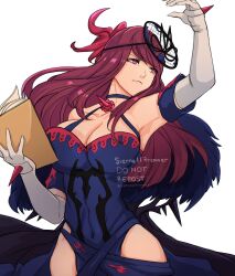 Rule 34 | &gt;:(, 1girl, absurdres, arm up, armpits, bare shoulders, blue choker, blue dress, book, breasts, choker, cleavage, commentary, covered navel, detached sleeves, dress, elbow gloves, english commentary, fire emblem, fire emblem engage, gloves, halterneck, highres, holding, holding book, ivy (fire emblem), large breasts, long hair, nintendo, purple eyes, purple hair, short sleeves, sierra117renner, sleeveless, sleeveless dress, solo, upper body, v-shaped eyebrows, very long hair, white gloves