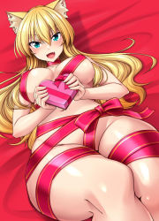 Rule 34 | 1girl, animal ears, aqua eyes, bed, bed sheet, blonde hair, blush, bound, breasts, cat ears, cat girl, curvy, fang, gift, large breasts, long hair, looking at viewer, navel, nokoppa, open mouth, ribbon, ribbon bondage, solo, thick thighs, thighs, valentine, very long hair, wide hips