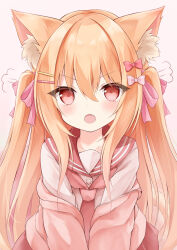 Rule 34 | 1girl, animal ear fluff, animal ears, blush, bow, cardigan, cat ears, cat girl, fang, hair between eyes, hair bow, hair ornament, hairclip, highres, long hair, long sleeves, looking at viewer, mochizuki riku, neckerchief, open mouth, orange hair, original, pink bow, pink cardigan, pleated skirt, red bow, red eyes, red skirt, sailor collar, school uniform, serafuku, shirt, simple background, skirt, solo, straight-on, twintails, two side up, very long hair, white shirt