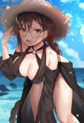 Rule 34 | 1girl, absurdres, blue sky, blush, braid, breasts, brown eyes, brown hair, criss-cross halter, earrings, fate/grand order, fate (series), glasses, halterneck, hat, heroic spirit festival outfit, highres, jewelry, large breasts, leaning forward, long hair, long sleeves, looking at viewer, multiple earrings, o-ring, ocean, open mouth, ribbon trim, sarong, sky, straw hat, swimsuit, thighs, very long hair, water drop, yu mei-ren (fate), yu mei-ren (festival outfit) (fate), yufou