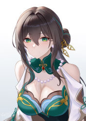 Rule 34 | 1girl, absurdres, aqua dress, bare shoulders, bead necklace, beads, black hair, breasts, brooch, cleavage, commentary request, dress, frozen-sad, gradient background, green eyes, grey background, hair intakes, highres, honkai: star rail, honkai (series), jewelry, large breasts, long hair, looking at viewer, necklace, ruan mei (honkai: star rail), short sleeves, smile, solo, upper body, white background