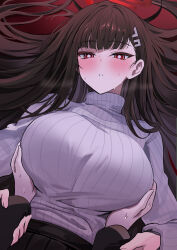 Rule 34 | 1boy, 1girl, absurdres, black hair, black skirt, blue archive, blunt bangs, blush, breasts, grabbing, grabbing another&#039;s breast, grabbing another's breast, guided breast grab, guiding hand, hair ornament, hairclip, halo, hetero, highres, large breasts, long hair, long sleeves, looking at viewer, lying, on back, pleated skirt, pov, pov hands, red eyes, rio (blue archive), skirt, solo focus, sweat, sweater, turtleneck, turtleneck sweater, very long hair, white sweater, yuki (asayuki101)