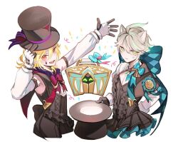 2boys :d ahoge alhaitham_(genshin_impact) animal_ears aqua_bow aqua_hair arm_behind_back arm_up award_ribbon back_bow black_capelet black_corset black_dress black_gloves black_hat blonde_hair bow bowtie brown_bow brown_bowtie capelet cat_ears closed_mouth commentary confetti corset cosplay crossdressing detached_sleeves dress expressionless facial_mark frills genshin_impact gloves green_eyes grey_hair hair_between_eyes hand_on_headwear hand_up hat holding holding_hat holding_unworn_clothes kaveh_(genshin_impact) lalamilali long_hair long_sleeves looking_at_viewer lynette_(genshin_impact) lynette_(genshin_impact)_(cosplay) lyney_(genshin_impact) lyney_(genshin_impact)_(cosplay) male_focus mehrak_(genshin_impact) multicolored_hair multiple_boys open_mouth parted_bangs pectoral_cleavage pectorals pleated_dress red_bow red_bowtie red_eyes shirt short_dress short_hair shrug_(clothing) sidelocks simple_background sleeve_cuffs sleeveless sleeveless_shirt smile star_(symbol) star_facial_mark streaked_hair suitcase swept_bangs symbol-only_commentary teardrop_facial_mark teeth top_hat two-tone_gloves unworn_hat unworn_headwear upper_teeth_only white_background white_gloves white_shirt white_shrug white_sleeves