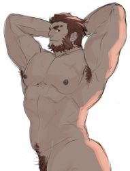 Rule 34 | 1boy, abs, armpit hair, bara, beard, biceps, facial hair, fate/grand order, fate/zero, fate (series), highres, hrio (orenoaluze), iskandar (fate), looking at viewer, male focus, muscular, nipples, nude, pectorals, pubic hair, red eyes, red hair, sketch, smile, solo, white background