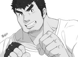Rule 34 | 1boy, bara, facial hair, fighting stance, forked eyebrows, goatee, goggles, greyscale, grin, hijirino yuuta, takabushi kengo, long sideburns, male focus, monochrome, muscular, muscular male, pectorals, shirt, short hair, sideburns, smile, solo, stubble, t-shirt, thick eyebrows, tokyo houkago summoners, upper body