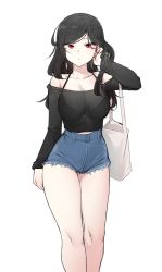 Rule 34 | 1girl, banditchan, bare legs, bare shoulders, black hair, black shirt, bra strap, commentary request, cutoffs, denim, denim shorts, feet out of frame, hand up, highres, k0ng, long hair, long sleeves, looking at viewer, off-shoulder shirt, off shoulder, original, red eyes, shirt, short shorts, shorts, simple background, solo, standing, thighs, white background