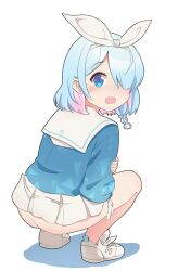 Rule 34 | 1girl, absurdres, arona (blue archive), ass, blue archive, blue eyes, blue hair, child, female focus, full body, highres, looking at viewer, merlt, panties, panty pull, simple background, solo, squatting, underwear, white background