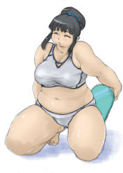 Rule 34 | 1girl, bikini, black hair, breasts, closed eyes, full body, itou yukino, kneeling, large breasts, mossi555, navel, plump, real drive, solo, swimsuit, thick thighs, thighs