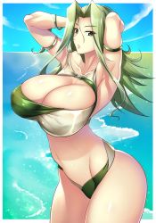 Rule 34 | 1girl, armpits, arms behind head, arms up, bikini, breasts, cleavage, curvy, green eyes, green hair, haganef, highres, huge breasts, lamia loveless, long hair, looking at viewer, parted lips, solo, standing, super robot wars, swimsuit