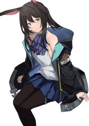 Rule 34 | 1girl, absurdres, amiya (arknights), animal ears, arknights, ascot, bare shoulders, black pantyhose, blue ascot, blue collar, blue eyes, blue skirt, brown hair, collar, elinnasky, feet out of frame, female focus, hair between eyes, highres, hood, hood down, hooded jacket, invisible chair, jacket, jewelry, looking at viewer, multiple rings, neck ring, off shoulder, open clothes, open jacket, pantyhose, pleated skirt, ponytail, rabbit ears, rabbit girl, ribbed shirt, ring, shirt, sidelocks, simple background, sitting, skirt, sleeveless, sleeveless shirt, smile, solo, thighlet, white background