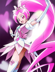 Rule 34 | 10s, 1girl, ass, boots, bow, brooch, cure blossom, cure blossom (super silhouette), elbow gloves, eyelashes, flower tact, gloves, hanasaki tsubomi, haruyama kazunori, heart, heart brooch, heartcatch precure!, jewelry, long hair, magical girl, no panties, pink eyes, pink hair, pink theme, ponytail, precure, solo, thigh boots, thighhighs, upskirt, very long hair, wand