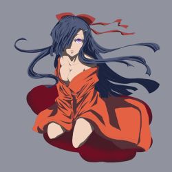 Rule 34 | 1girl, bare shoulders, blood, blue hair, bow, breasts, cleavage, hair bow, hair over one eye, kasugano tsubaki, long hair, md5 mismatch, medium breasts, mirai nikki, off shoulder, open mouth, pool of blood, purple eyes, ribbon, seiza, sitting, solo, very long hair, wind