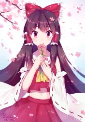Rule 34 | 1girl, 2017, alternate hair length, alternate hairstyle, artist name, ascot, baozishark, bare shoulders, bow, brown eyes, brown hair, cherry blossoms, covered mouth, cowboy shot, dated, day, detached sleeves, flower, flower over mouth, frilled bow, frilled hair tubes, frilled shirt collar, frills, hair bow, hair flower, hair ornament, hair tubes, hakurei reimu, hands up, highres, holding, holding flower, long hair, looking at viewer, navel, outdoors, petals, red bow, red ribbon, red shirt, red skirt, ribbon, ribbon-trimmed sleeves, ribbon trim, shirt, sidelocks, skirt, skirt set, sleeveless, sleeveless shirt, solo, touhou, very long hair, wide sleeves