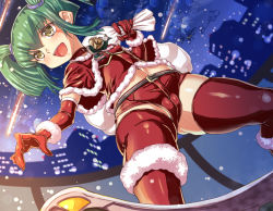 Rule 34 | 1girl, blush, breasts, cameltoe, christmas, female focus, green hair, hajime shindo, holding, long hair, looking away, luca (yu-gi-oh!), open mouth, outdoors, partially visible vulva, red thighhighs, santa costume, shiny skin, short shorts, shorts, skateboard, sky, small breasts, smile, snowing, solo, thighhighs, twintails, yu-gi-oh!, yu-gi-oh! 5d&#039;s